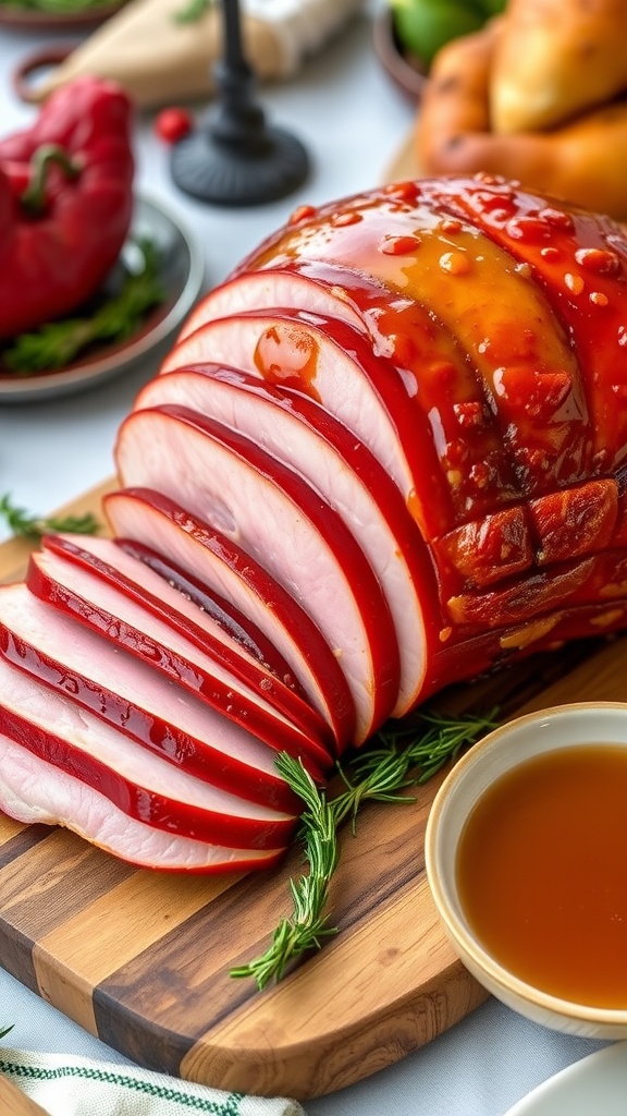 A juicy and glazed 8 lb ham sliced on a cutting board with rosemary and a bowl of glaze.